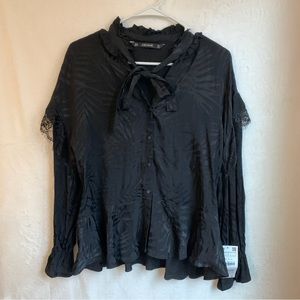 Zara Black Long Sleeve Ruffled Blouse Size XS